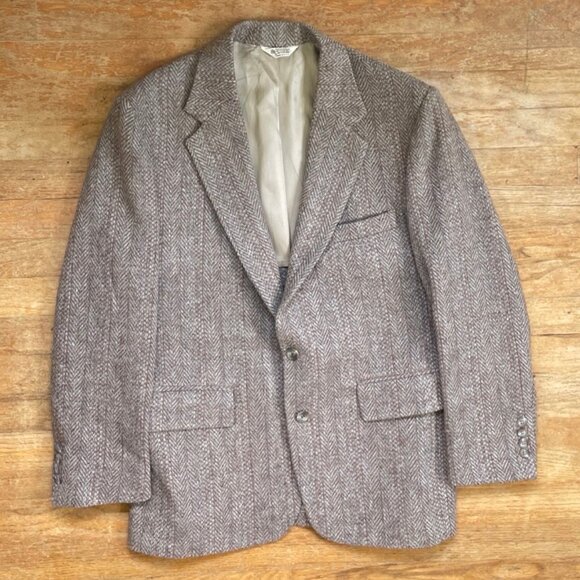 Vintage Mens Tweed Blazer Size 38S 70s 100% Wool Herringbone Sport Coat Jacket